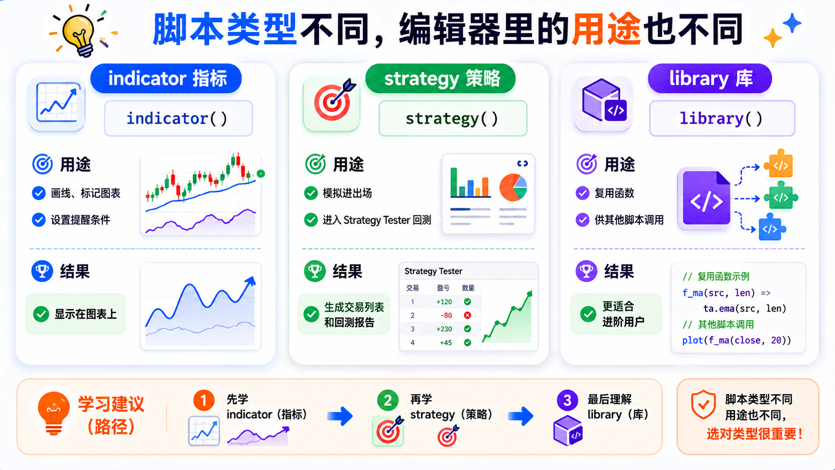 Pine Script indicator、strategy、library 三种脚本类型用途与结果对比